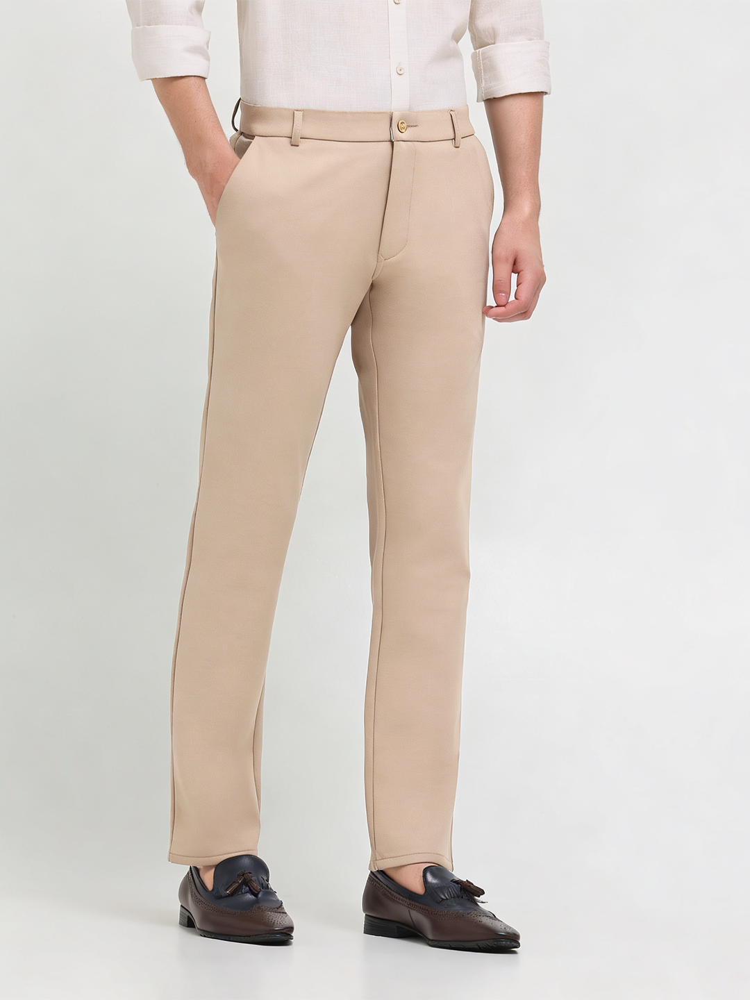 Oat Beige Solid Casual Trousers
