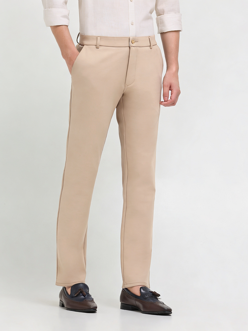 Oat Beige Solid Casual Trousers