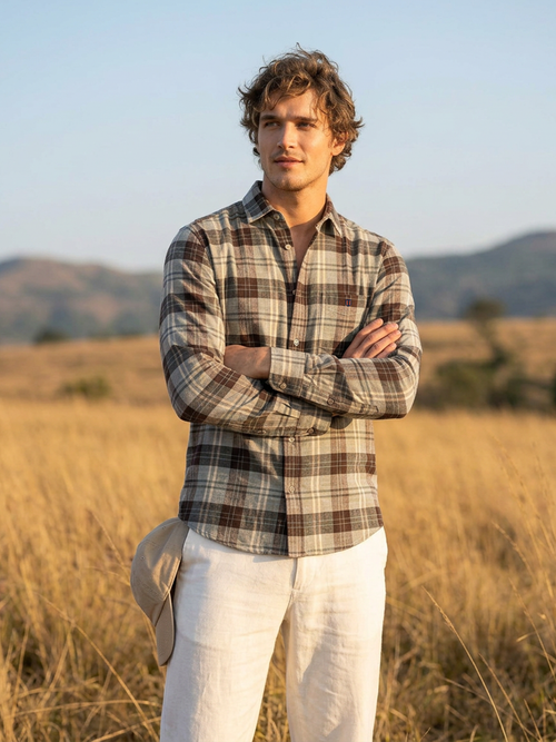 Taupe Brown and Ivory Checked Casual Shirt