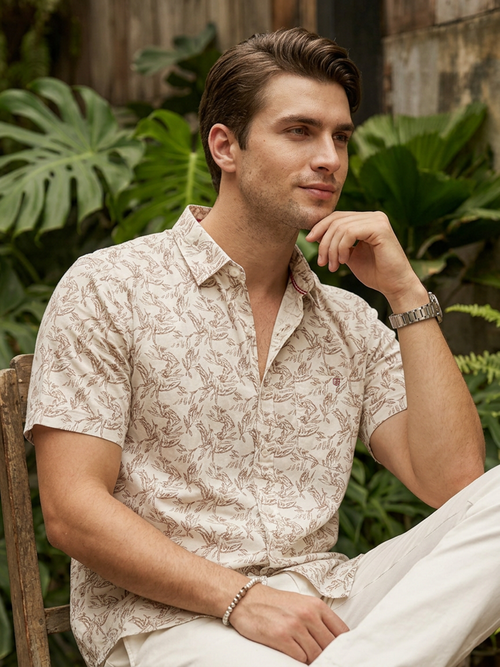 Cream and Maroon Printed Casual Shirt