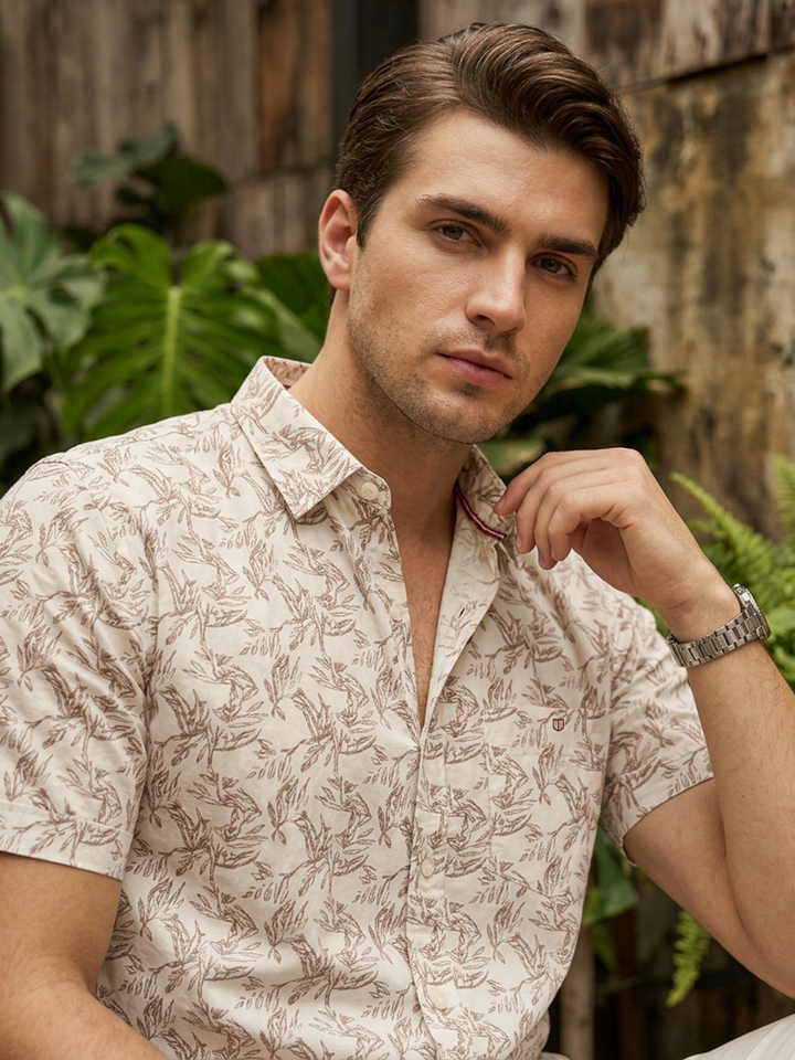 Cream and Maroon Printed Casual Shirt