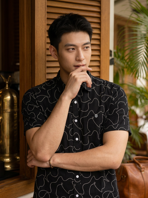 Black Abstract Dot Printed Casual Shirt