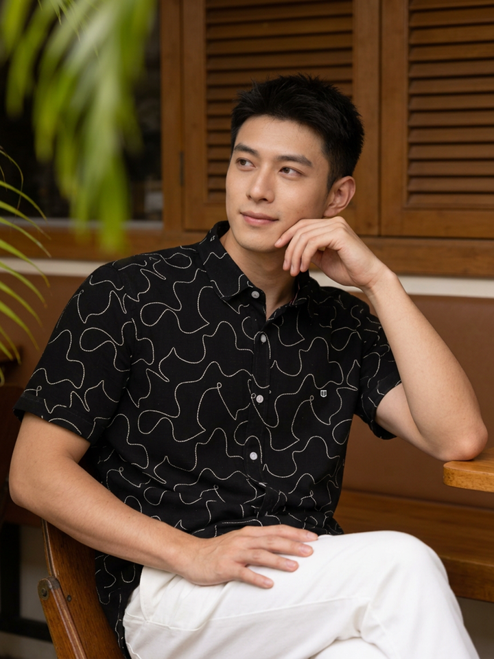 Black Abstract Dot Printed Casual Shirt