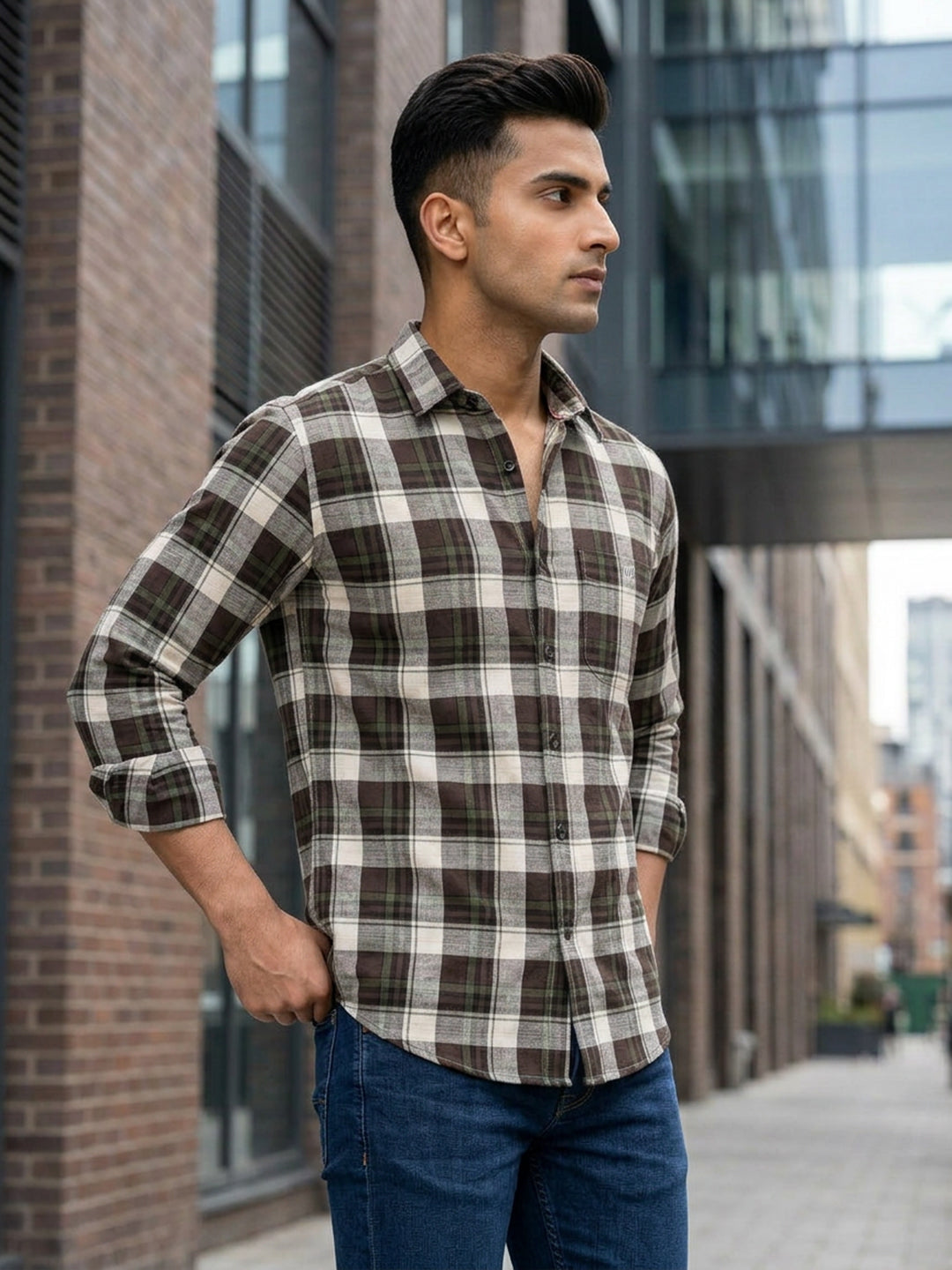Shadow Moss and White Checked Casual Shirt