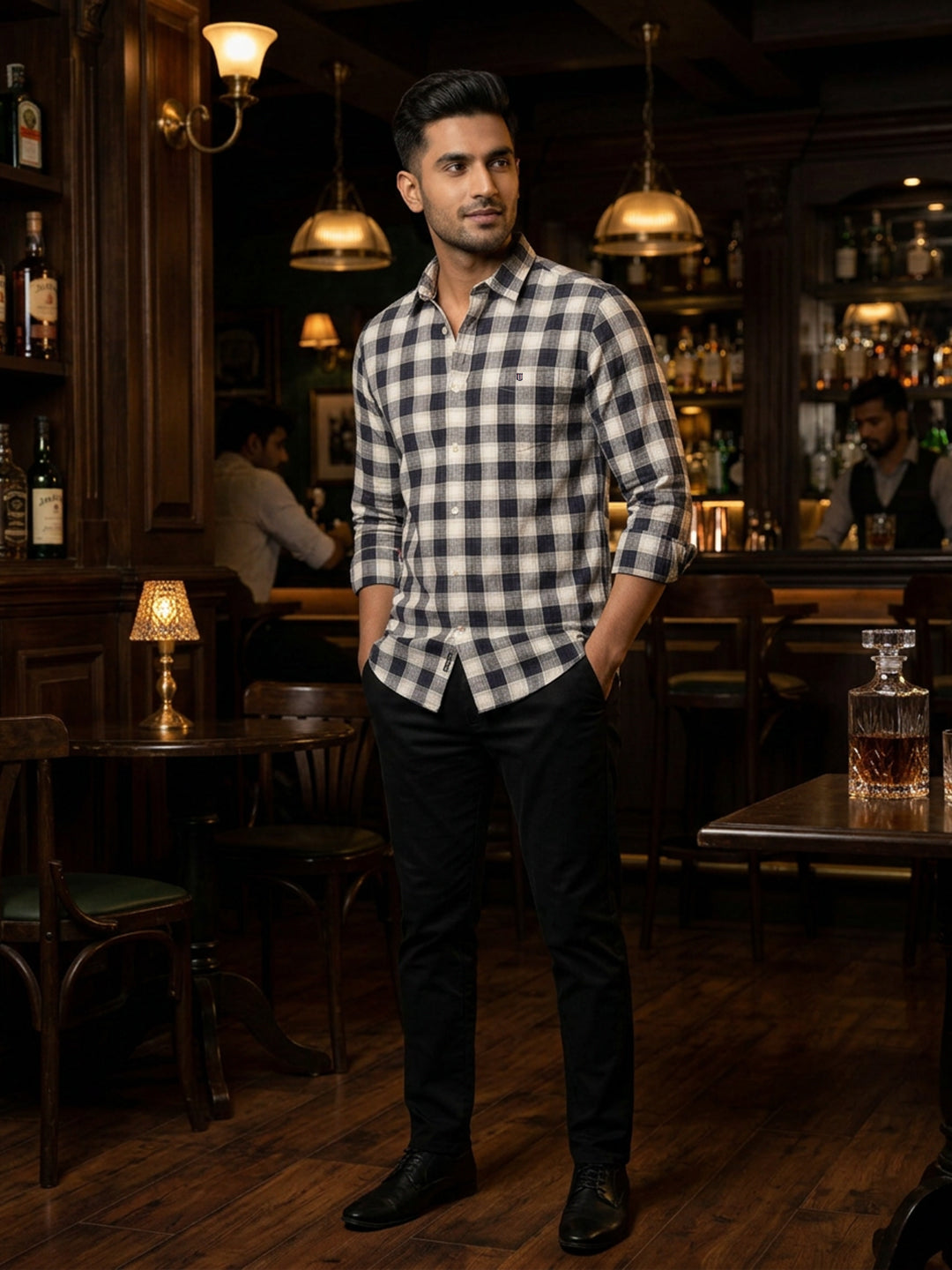 Coal Black and White Checked Casual Shirt