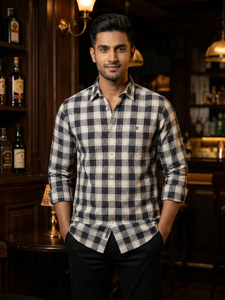 Coal Black and White Checked Casual Shirt