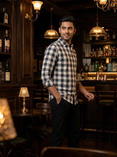 Coral Black and White Checked Casual Shirt
