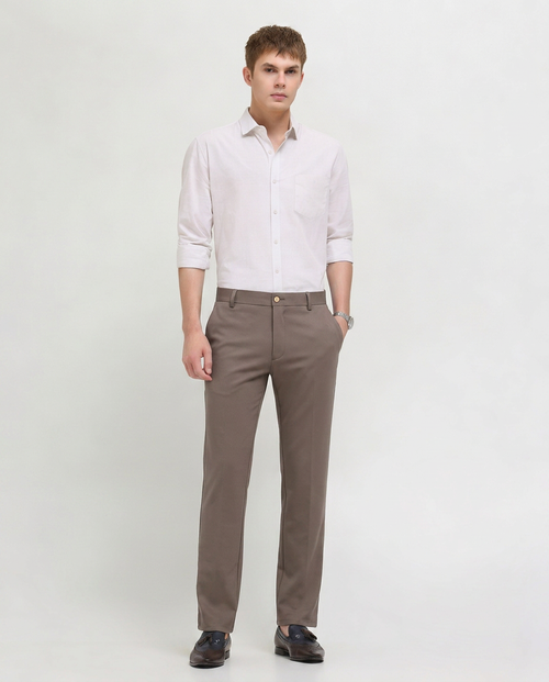 Taupe Cream Solid Casual Trousers