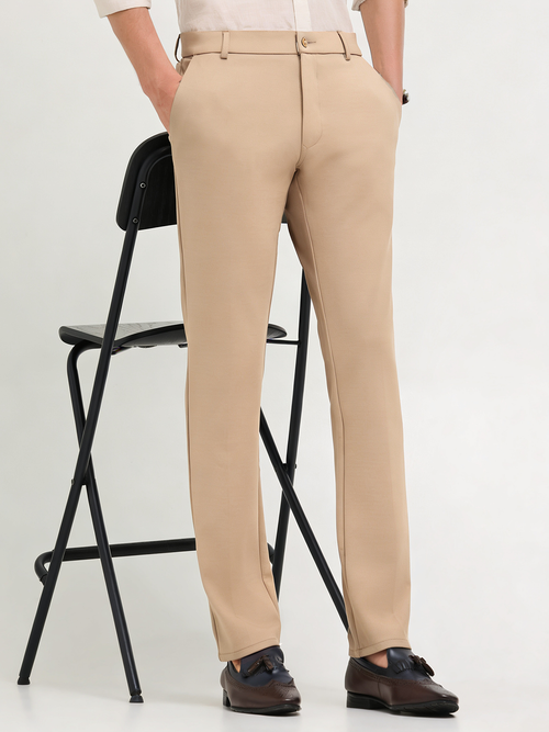 Oat Beige Solid Casual Trousers