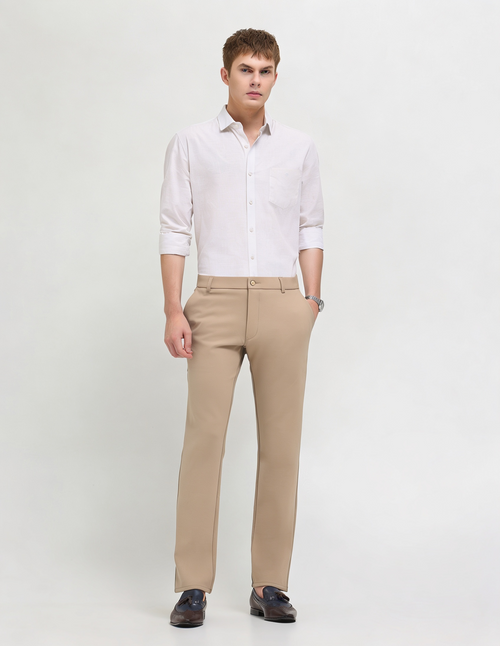Oat Beige Solid Casual Trousers