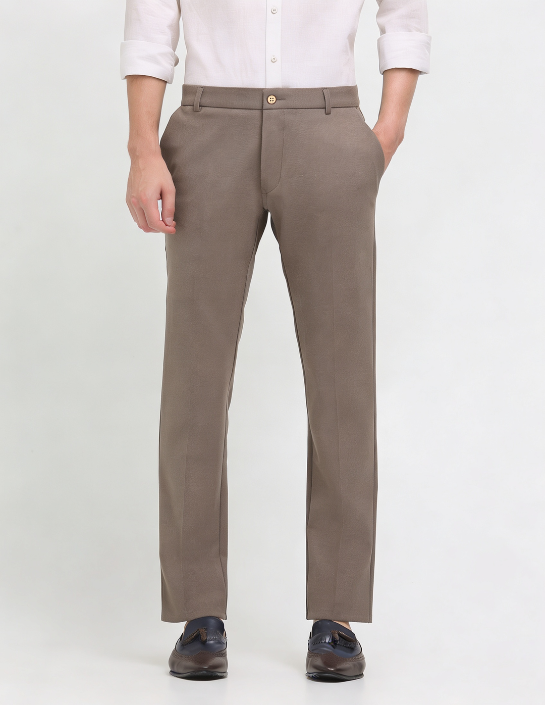 Taupe Cream Solid Casual Trousers