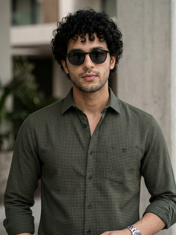 Woodland Green and Black Micro Checked Casual Shirt