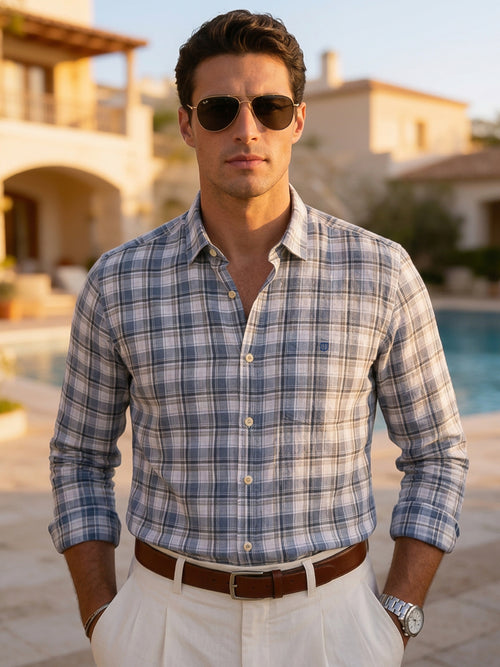 Dusty Blue and White Checked Casual Shirt