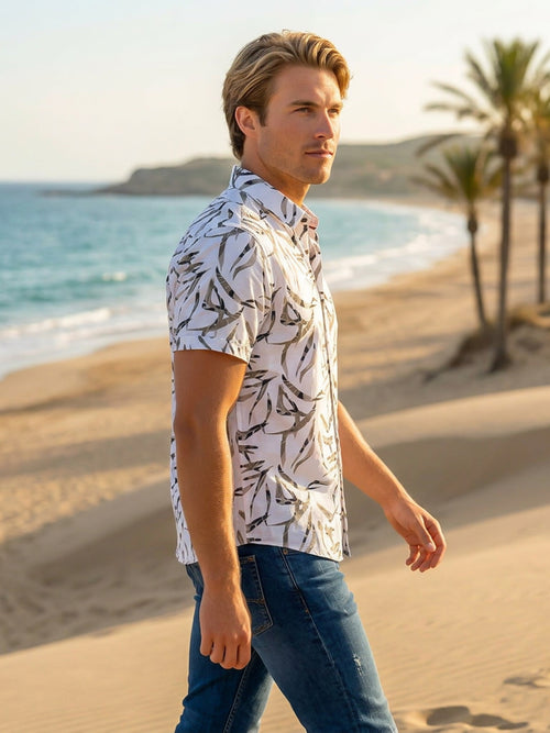 Crisp White and Ash Olive Floral Printed Casual Shirt
