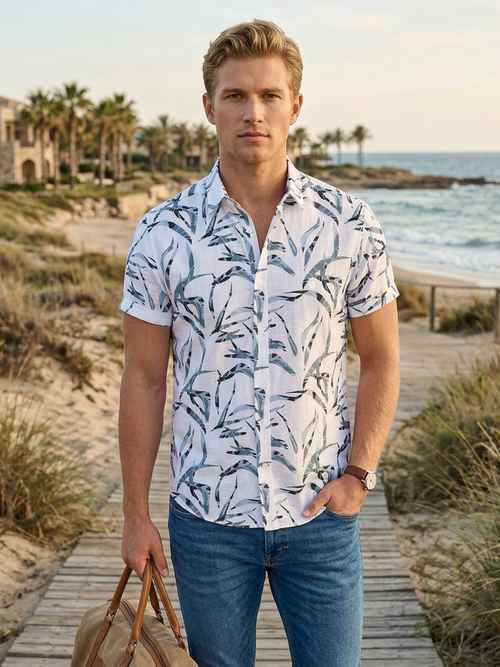 Mist White and Sage Grey Leaf Printed Casual Shirt