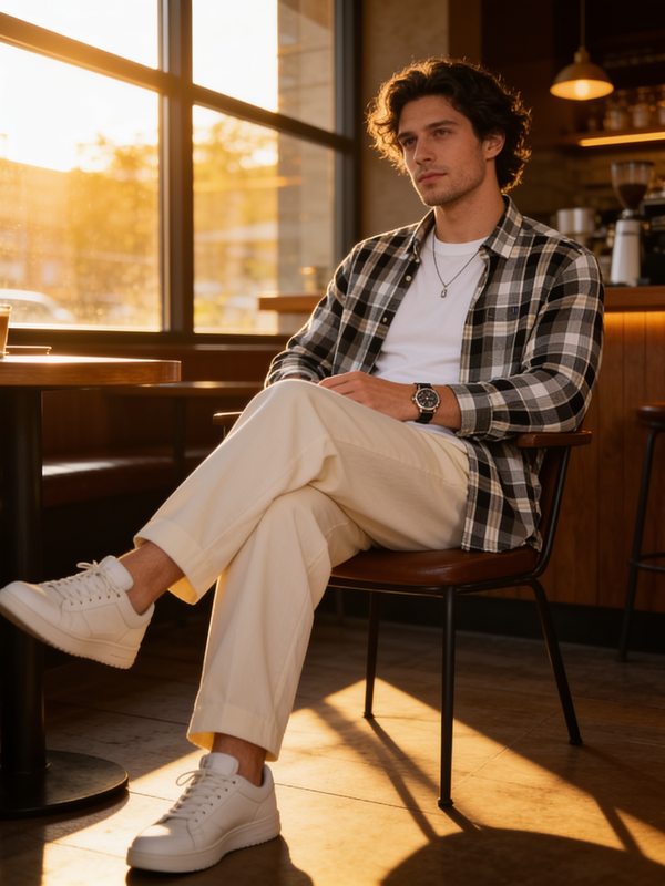 Ash Grey and Beige Checked Casual Shirt