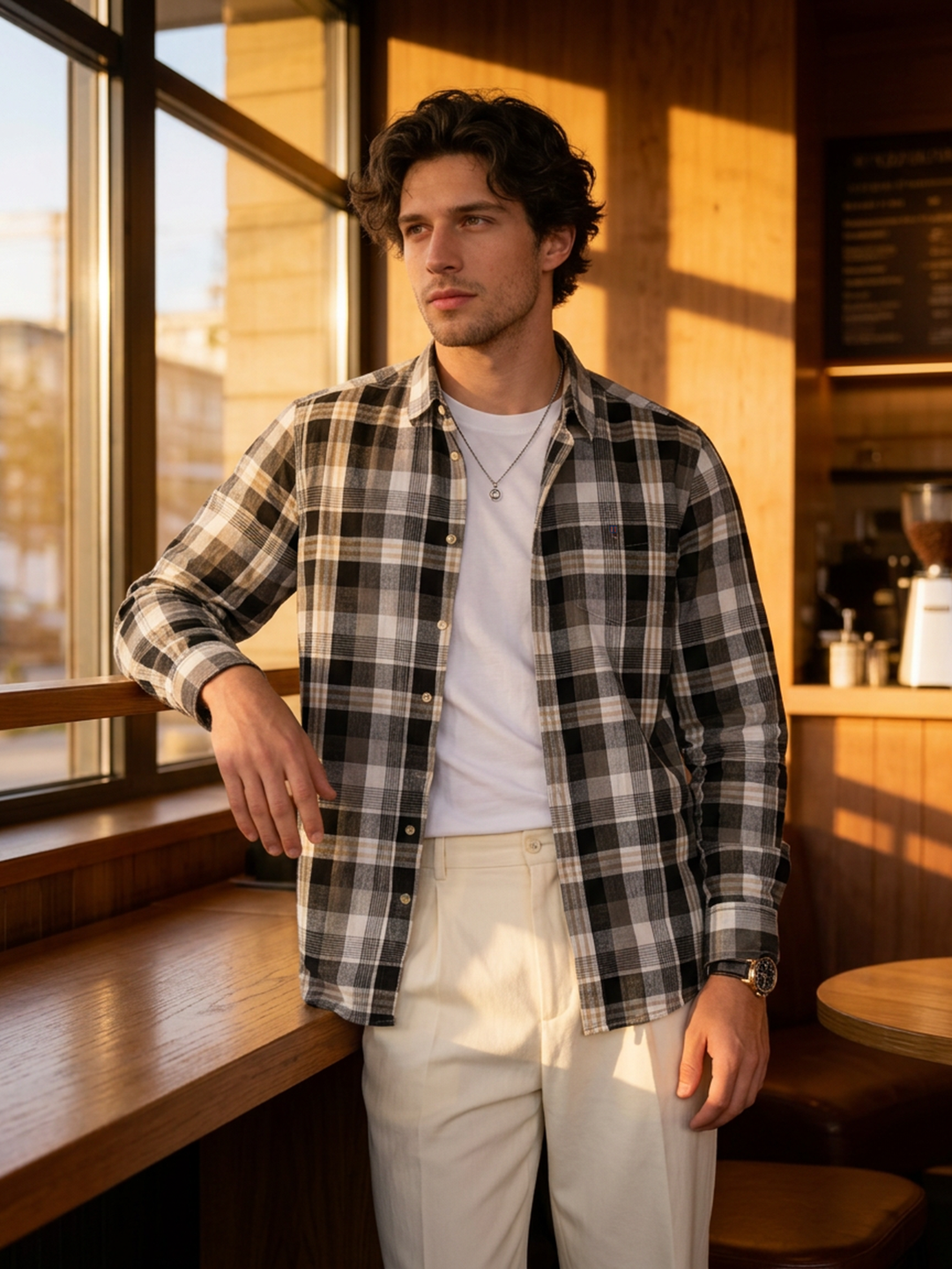 Ash Grey and Beige Checked Casual Shirt
