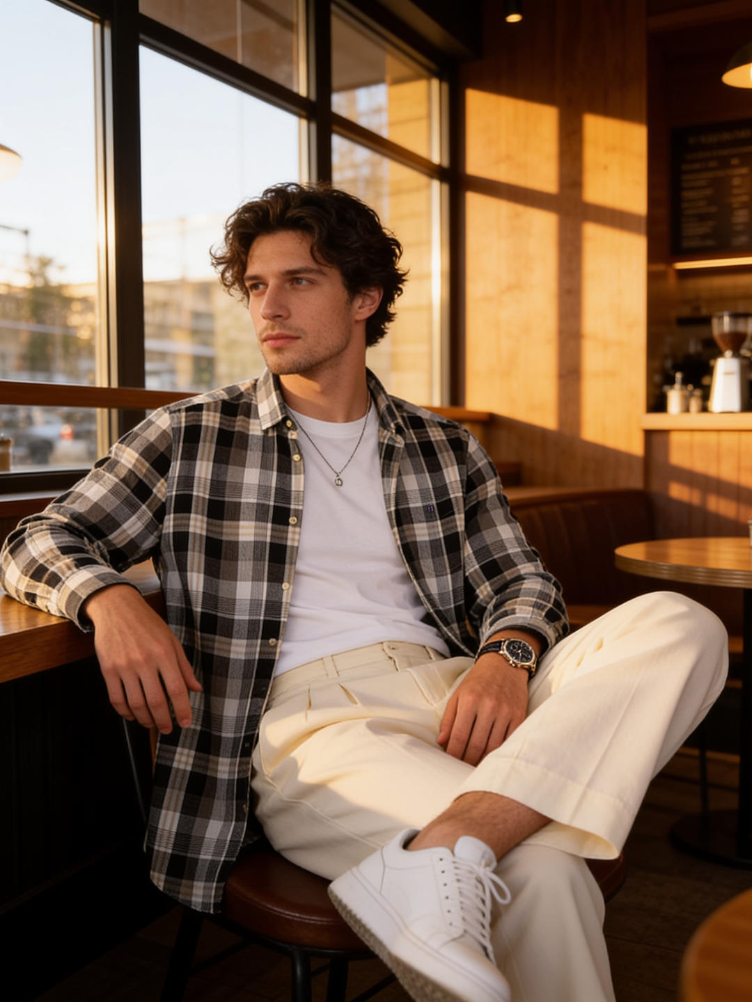 Ash Grey and Beige Checked Casual Shirt