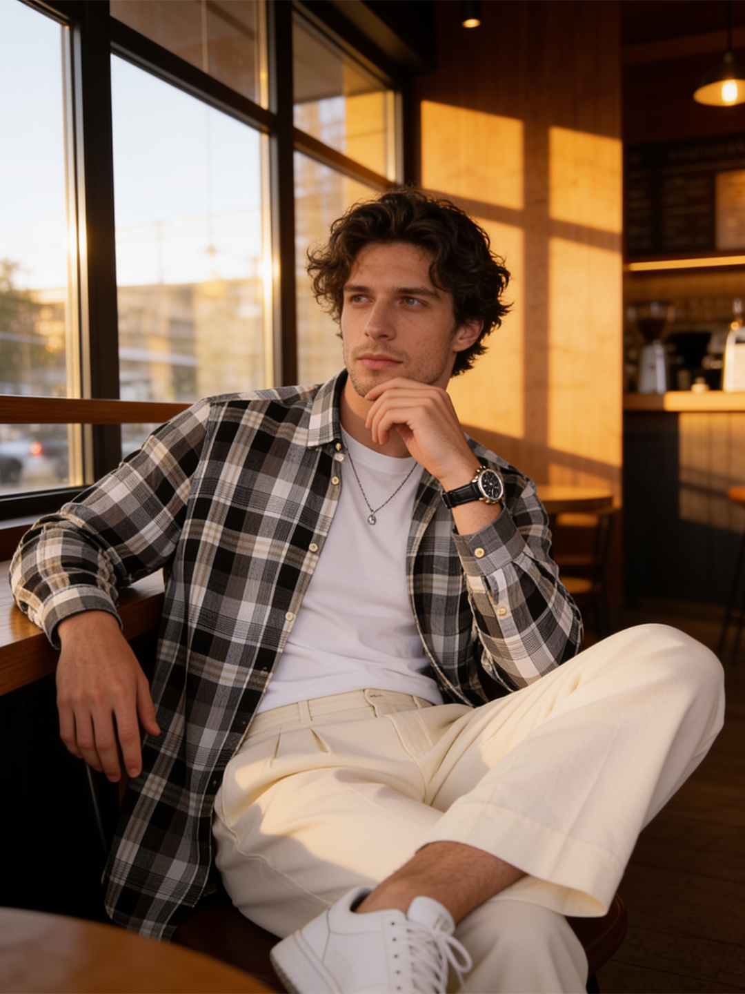 Ash Grey and Beige Checked Casual Shirt
