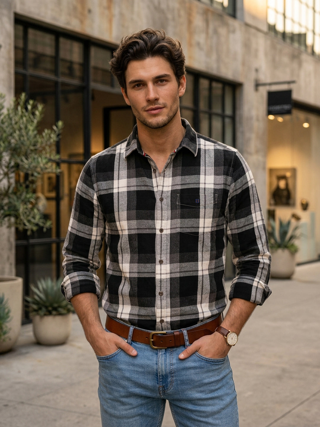 Deep Ash Black Checked Casual Shirt