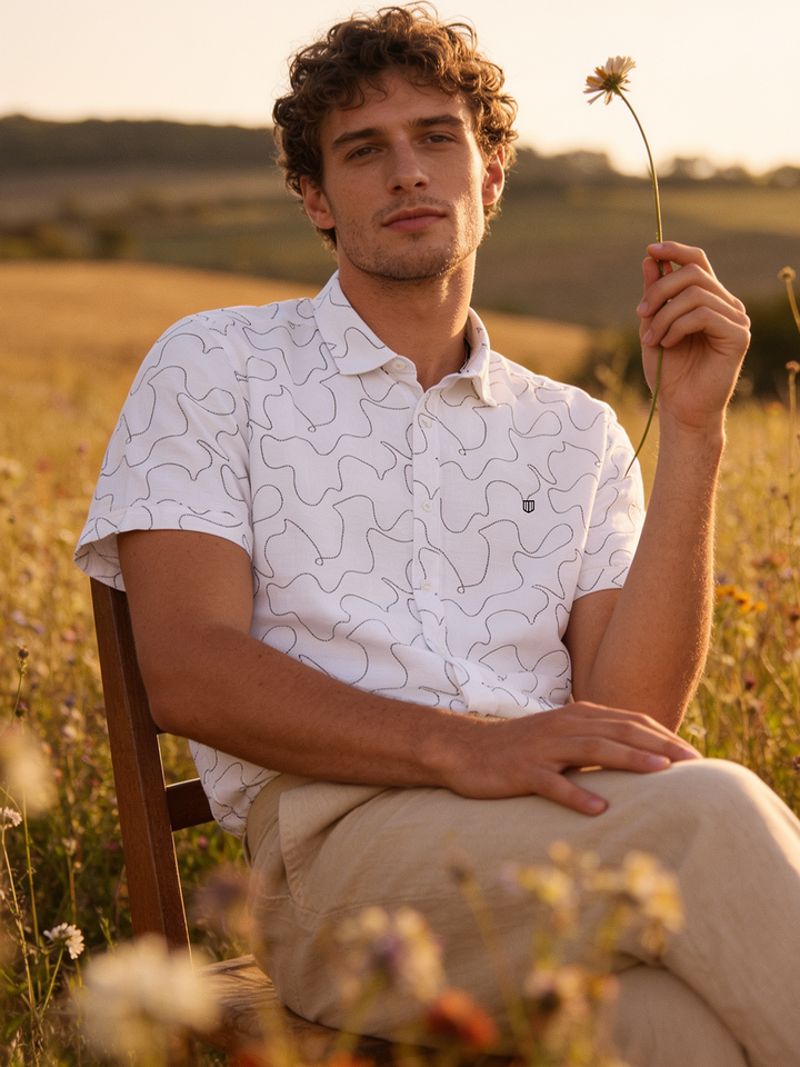 Chalk White and Black Abstract Dot Printed Casual Shirt