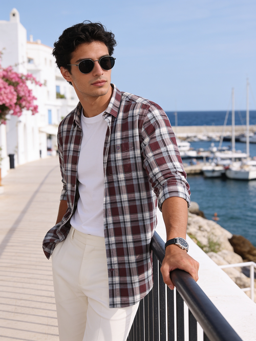 Red Wine and White Checked Casual Shirt