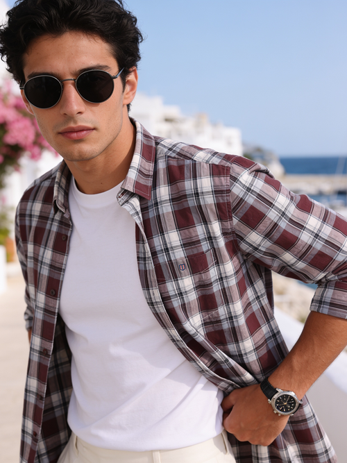Red Wine and White Checked Casual Shirt