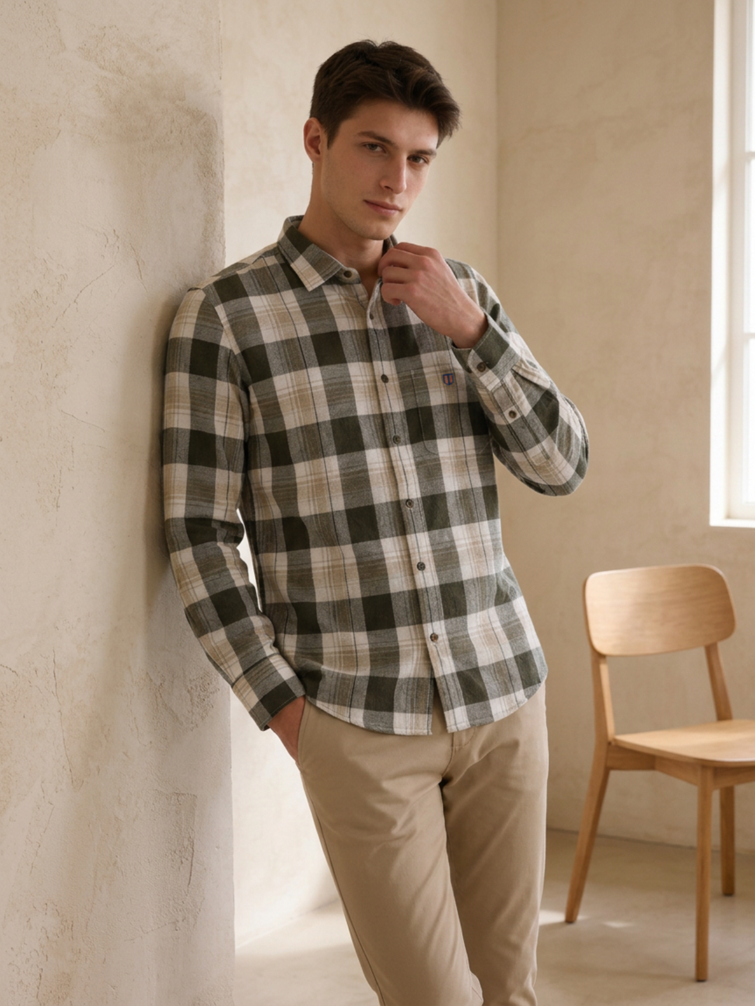 Olive Stone Checked Casual Shirt