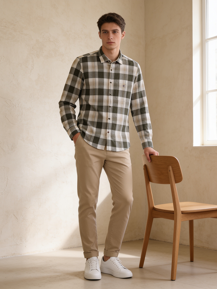Olive Stone Checked Casual Shirt