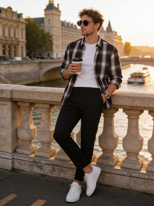 Midnight Blue and Crimson Checked Casual Shirt