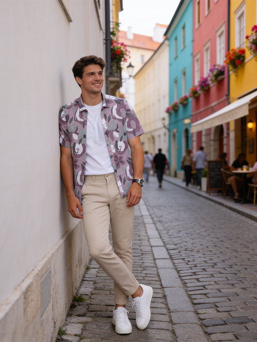 Rose Taupe and Sage Green Abstract Printed Casual Shirt