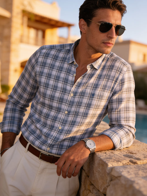 Dusty Blue and White Checked Casual Shirt