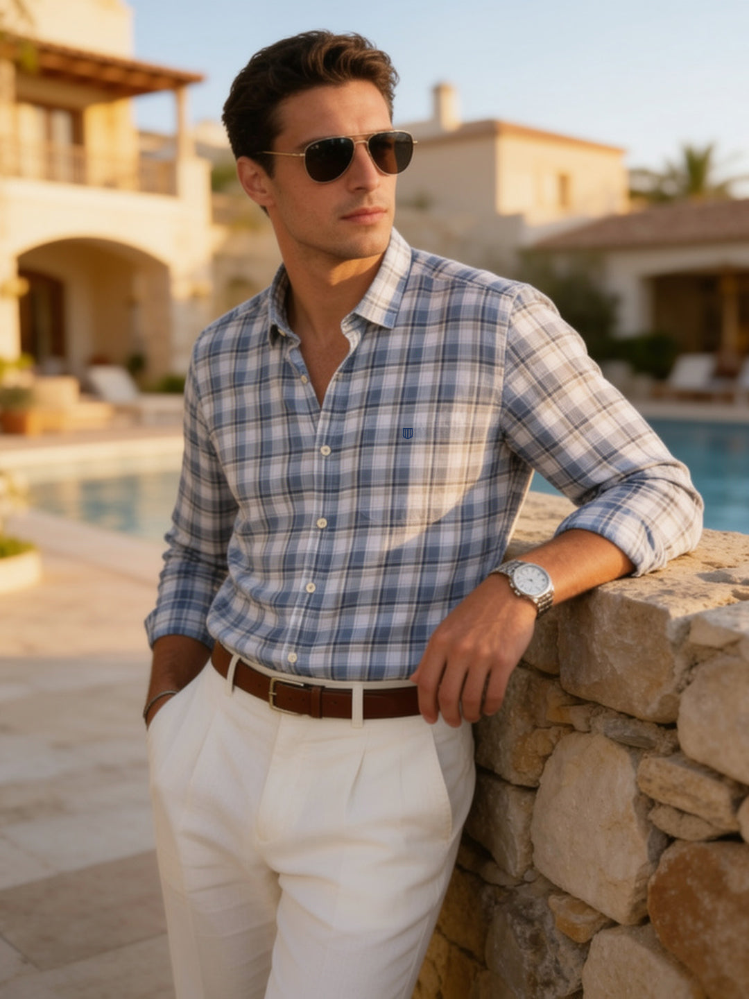 Dusty Blue and White Checked Casual Shirt