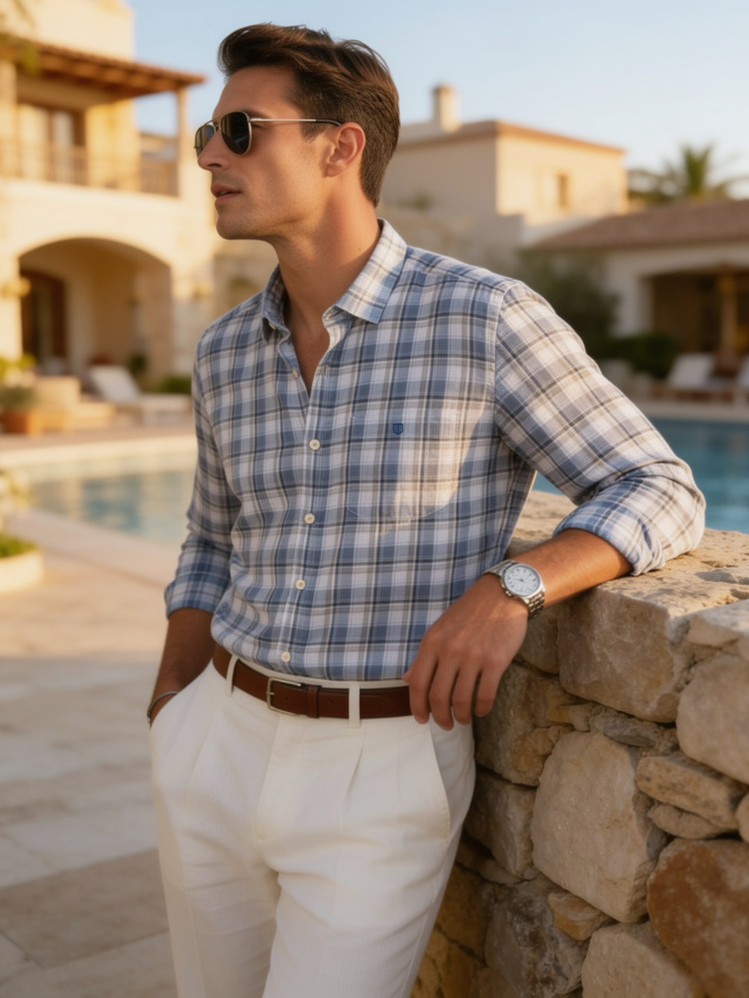 Dusty Blue and White Checked Casual Shirt