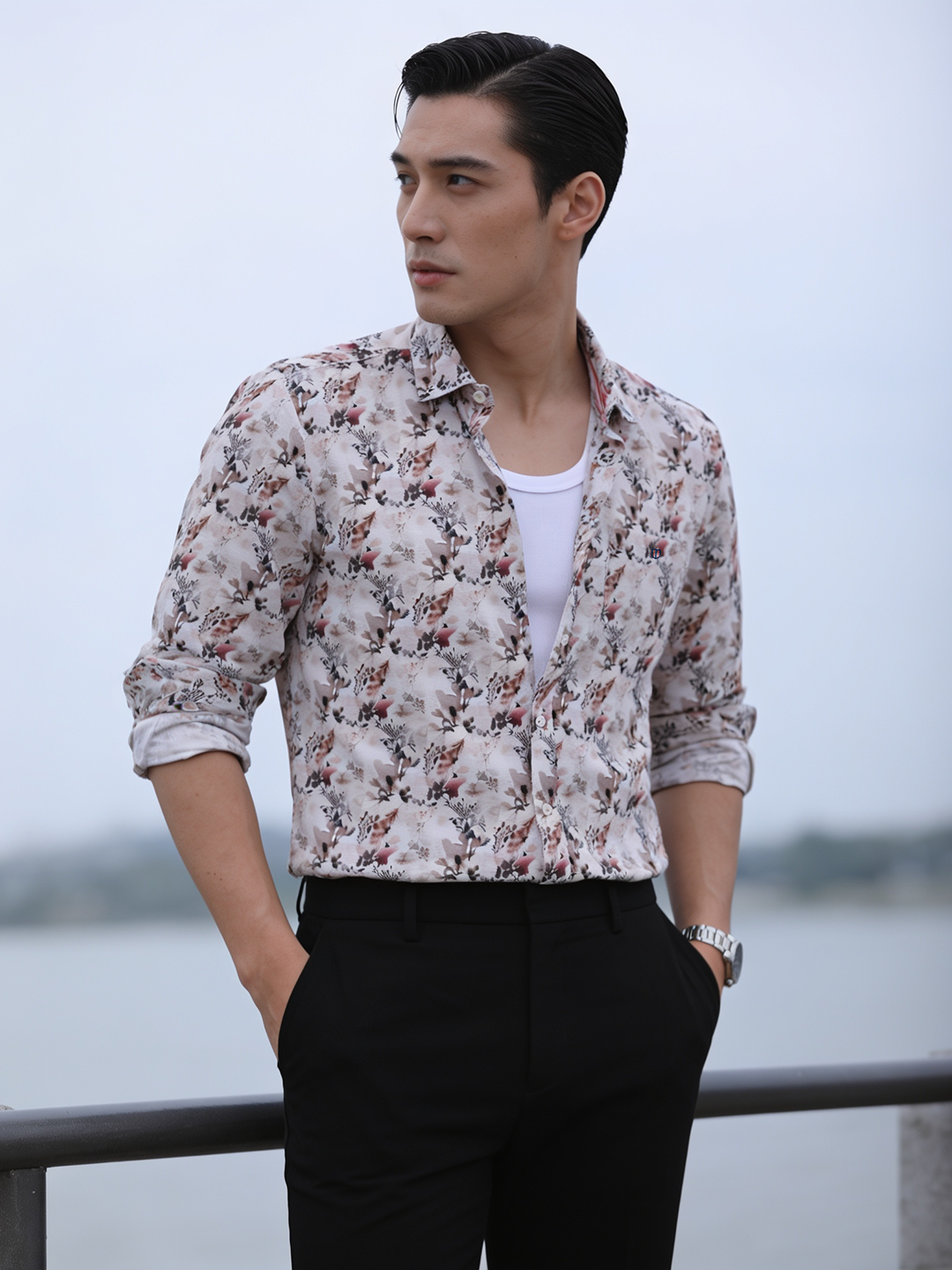 Petal Pink and Beige Artistic Floral Printed Casual Shirt