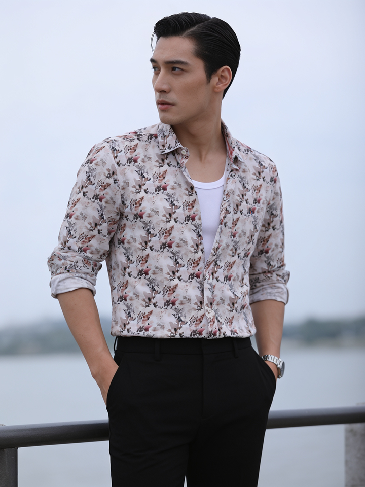 Petal Pink and Beige Artistic Floral Printed Casual Shirt