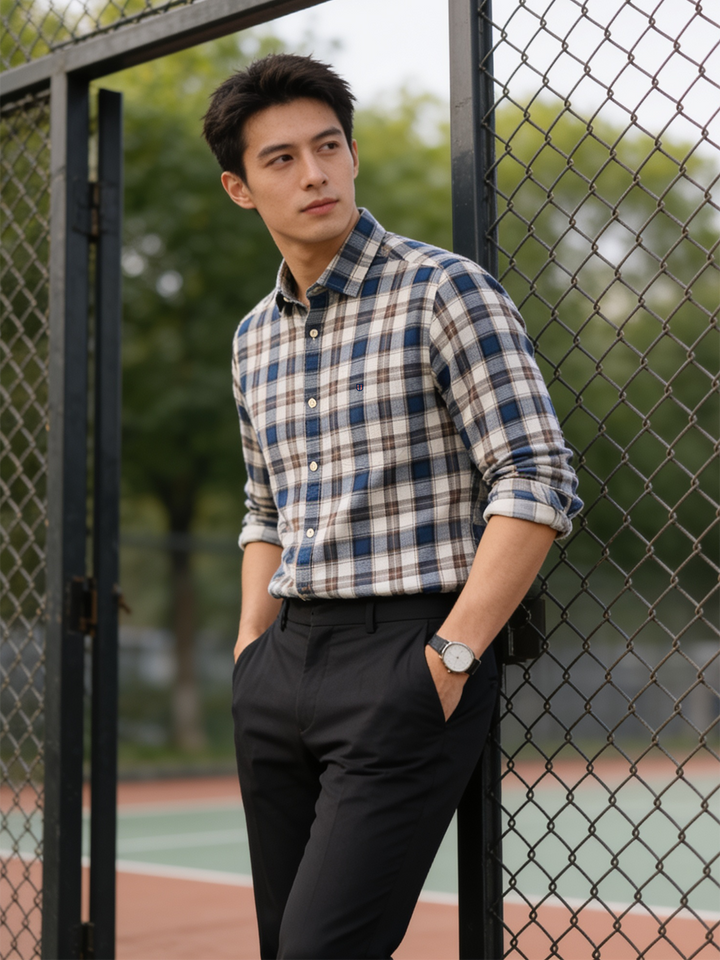 Mid Blue and Beige Checked Casual Shirt