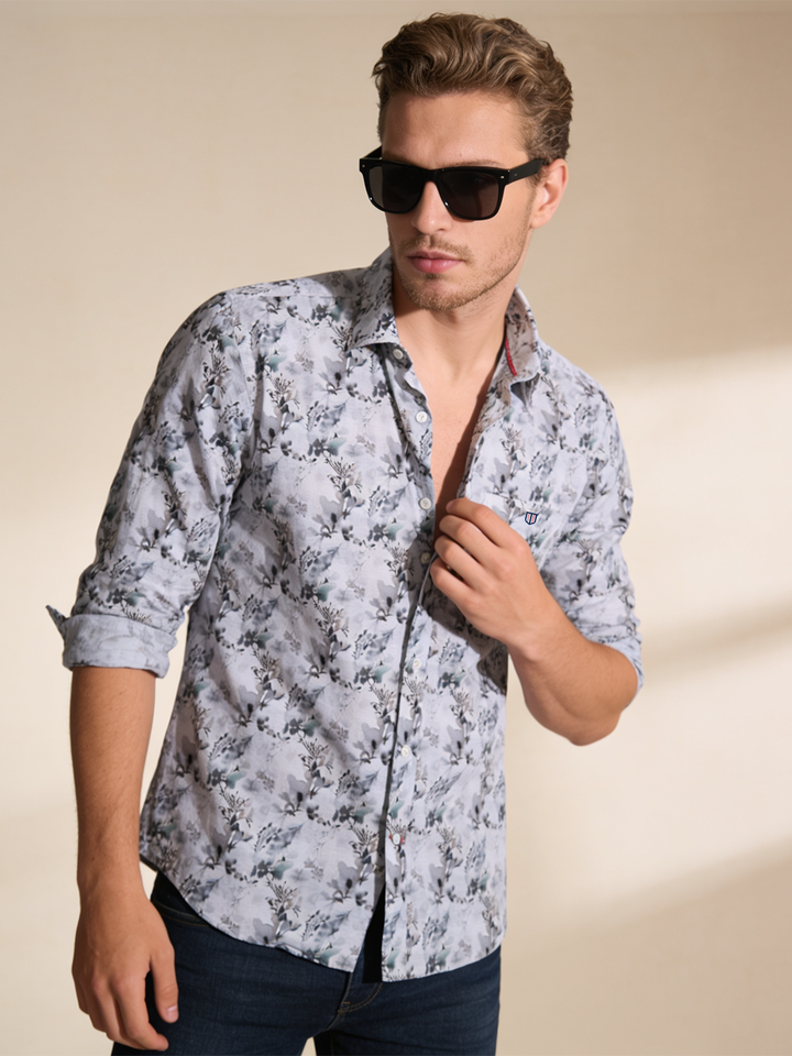 Glacier Grey Leaf Printed Casual Shirt