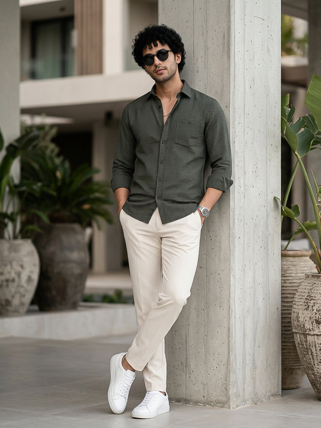 Woodland Green and Black Micro Checked Casual Shirt