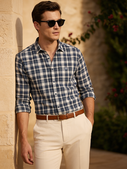 Mineral Blue and Birch White Checked Casual Shirt