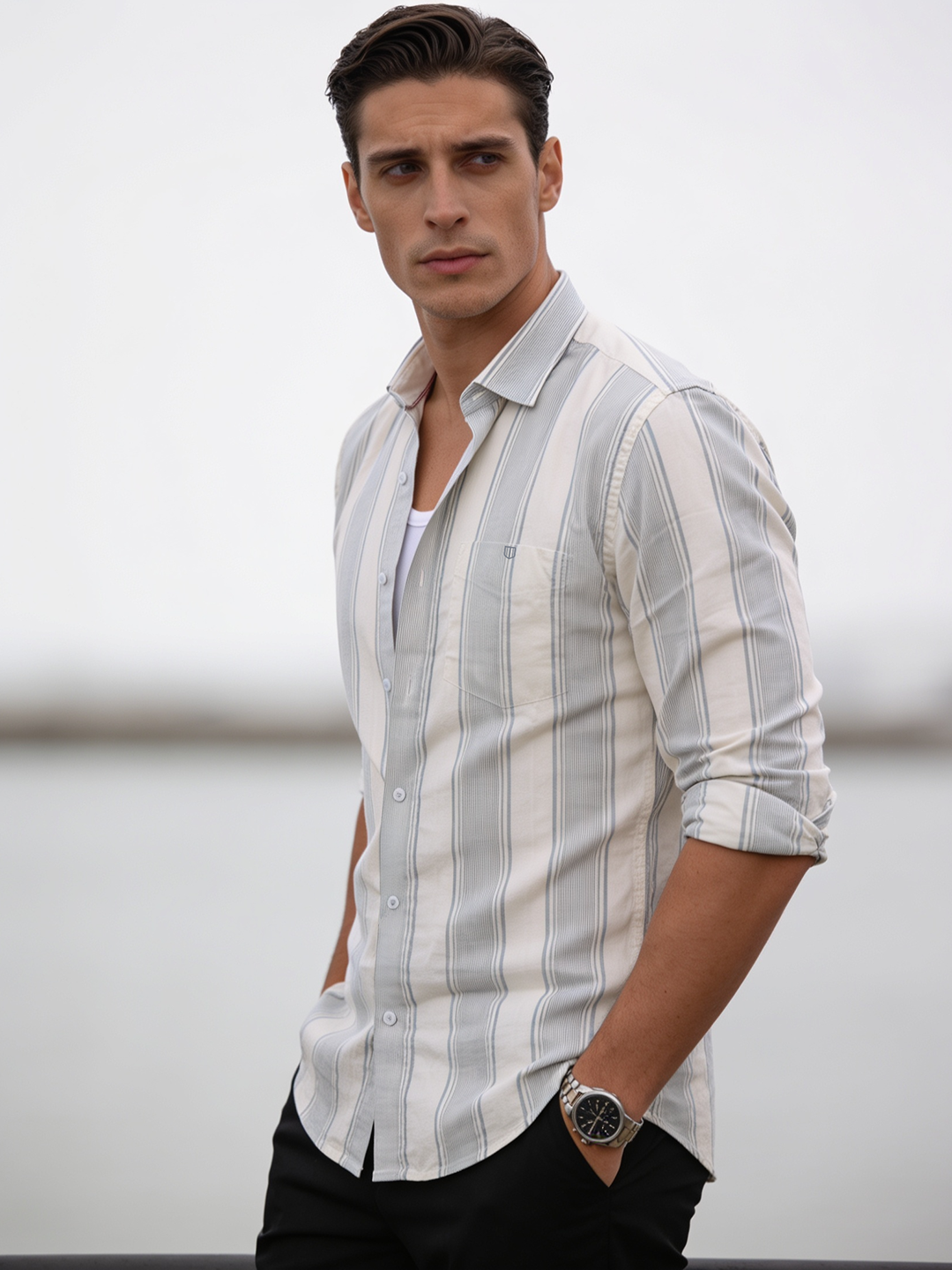 Cloud Grey and White Striped Casual Shirt