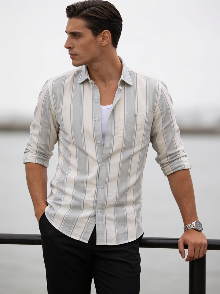 Cloud Grey and White Striped Casual Shirt