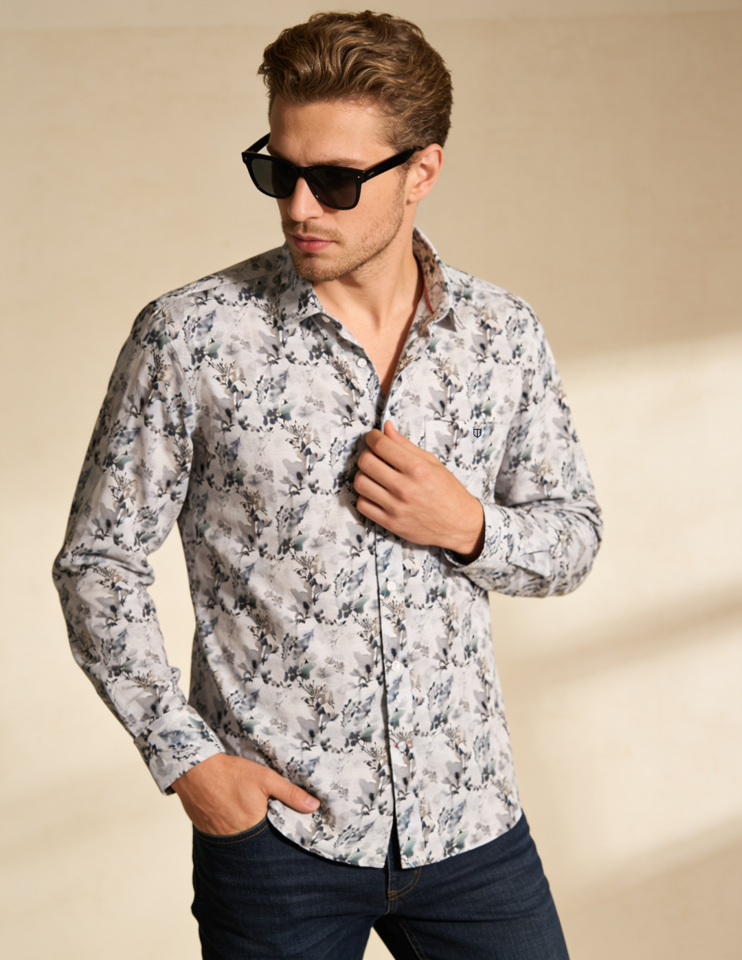 Glacier Grey Leaf Printed Casual Shirt