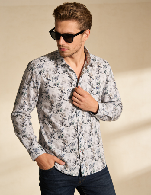 Glacier Grey Leaf Printed Casual Shirt