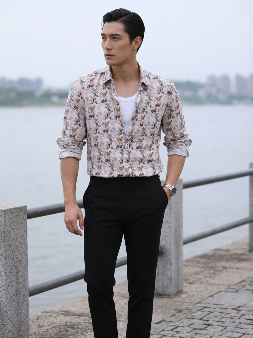 Petal Pink and Beige Artistic Floral Printed Casual Shirt