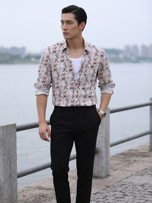 Petal Pink and Beige Artistic Floral Printed Casual Shirt