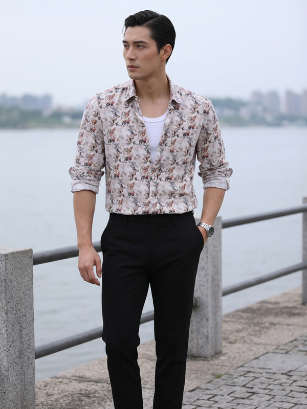 Petal Pink and Beige Artistic Floral Printed Casual Shirt