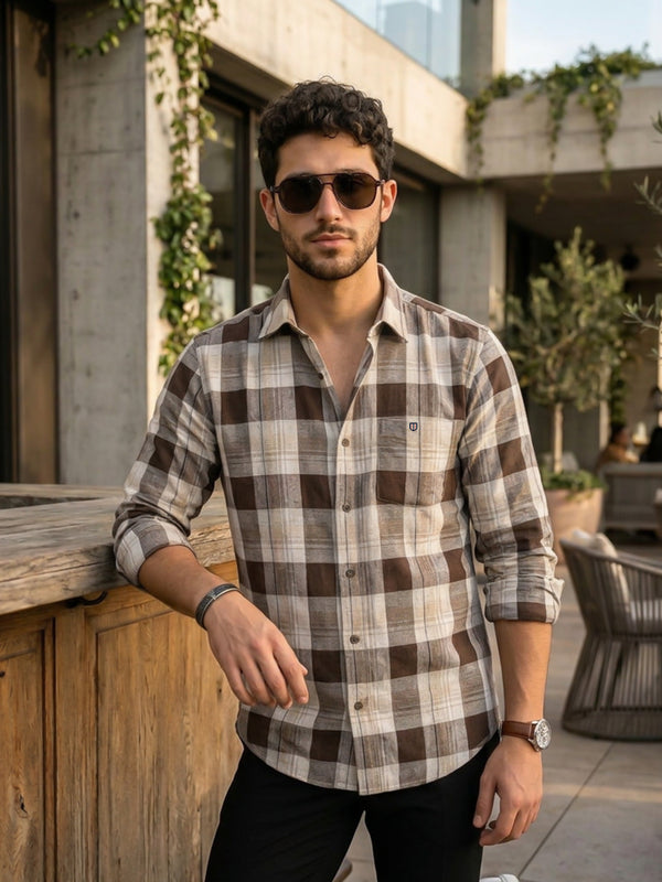 Taupe Beige and Brown Checked Casual Shirt