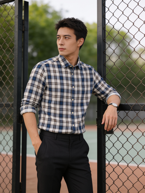 Mid Blue and Beige Checked Casual Shirt