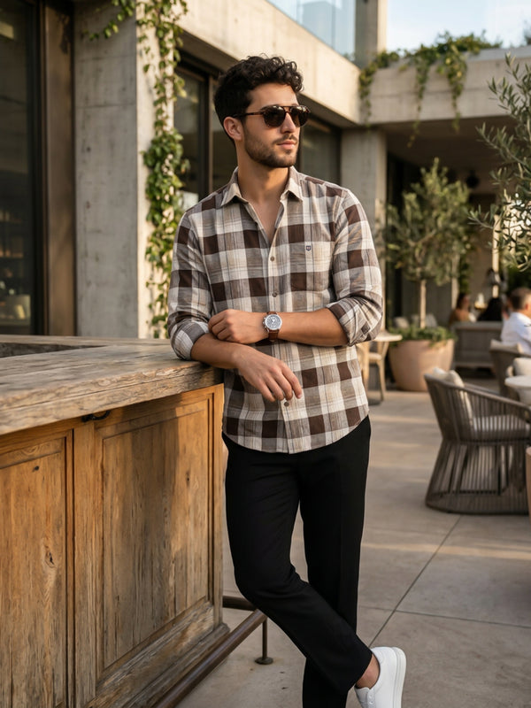 Taupe Beige and Brown Checked Casual Shirt